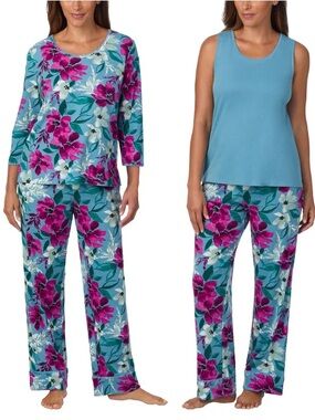 NEW Carole Hochman Women's Floral Three-Piece Pajama Set - Teal & Fuchsia